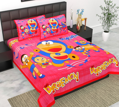 E ELMA Cotton Double Flat 144 TC Cartoon Bedsheet(Pack of 1, Pink)