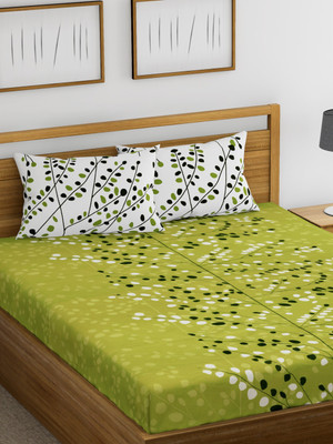 Huesland Cotton King Flat 144 TC Floral Bedsheet(Pack of 1, Green)