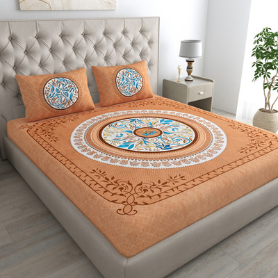 HYNA HOMM Cotton Double Flat 144 TC Jaipuri Prints Bedsheet(Pack of 1, Beige)