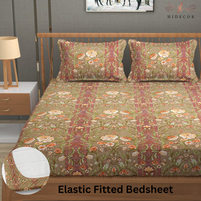 HIDECOR 280 TC Microfiber King Floral Fitted (Elastic) Bedsheet(Pack of 1, Brown)