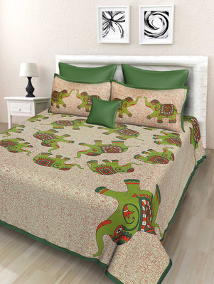 KANDY SHOP Cotton Double Flat 250 TC Animal Bedsheet(Pack of 1, Green, Beige)