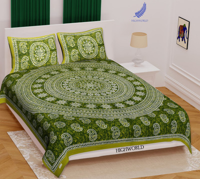 ETHNICO 150 TC Cotton Double Jaipuri Prints Flat Bedsheet(Pack of 1, Green)