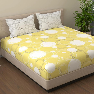 Huesland Cotton King Flat 144 TC Geometric Bedsheet(Pack of 1, Yellow & Off White)