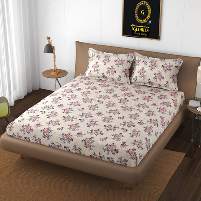 GLORIES 210 TC Cotton Double Printed Fitted (Elastic) Bedsheet(Pack of 1, Beige-Pink)