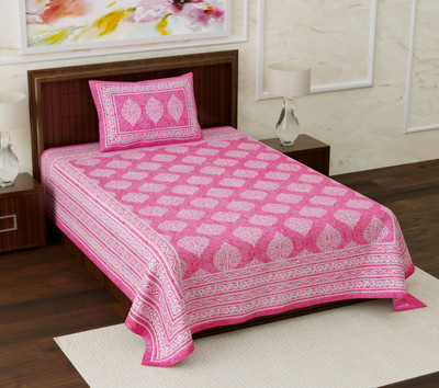 Kksh Cotton Single Flat 144 TC Jaipuri Prints Bedsheet(Pack of 1, Pink)