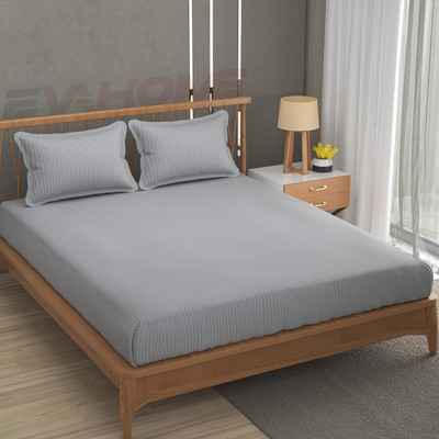 lacoza Polycotton Double Fitted (Elastic) 180 TC Striped Bedsheet(Pack of 1, Grey - Double/Queen_Bed_Size_60x78 inches)