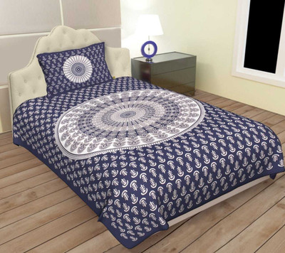 Narmada prints Cotton Single Flat 210 TC Printed Bedsheet(Pack of 1, Blue)