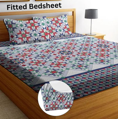 RisingStar Cotton King Fitted (Elastic) 250 TC Floral Bedsheet(Pack of 1, Fitted Blue_Jaipuri)