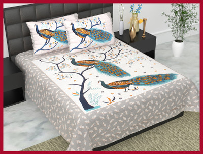JAIPUR PRINTS 144 TC Cotton Double Jaipuri Prints Flat Bedsheet(Pack of 1, Grey)