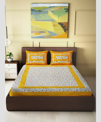 BharatLinen Cotton Double Flat 144 TC Printed Bedsheet(Pack of 1, yellow and white)