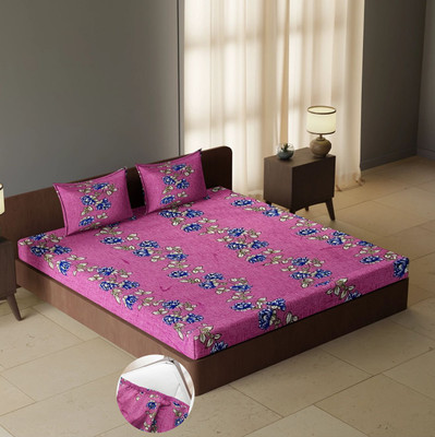 CARLTON LONDON 104 TC Cotton Queen Geometric Fitted (Elastic) Bedsheet(Pack of 1, Multicolor92)