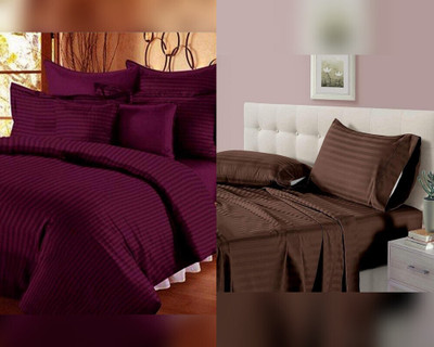 Prabh 210 TC Satin Double Striped Flat Bedsheet(Pack of 2, Multicolor)