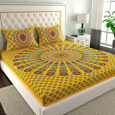 Poorak 104 TC Cotton Double Jaipuri Prints Flat Bedsheet(Pack of 1, Mnadala Yellow)