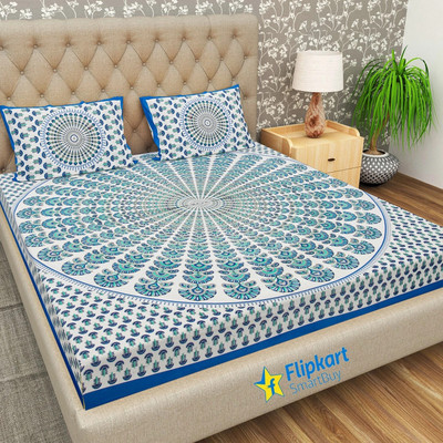Flipkart SmartBuy 104 TC Cotton Double Jaipuri Prints Flat Bedsheet(Pack of 1, Blue)