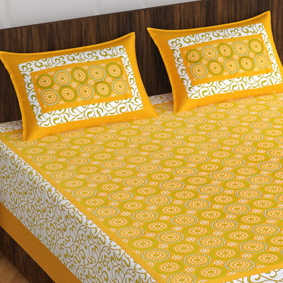E ELMA Cotton Double Flat 144 TC Floral Bedsheet(Pack of 1, Yellow)