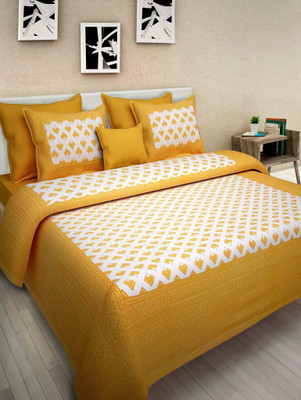 Raj Devi Jaipur 144 TC Cotton Double Printed Flat Bedsheet(Pack of 1, Yellow)