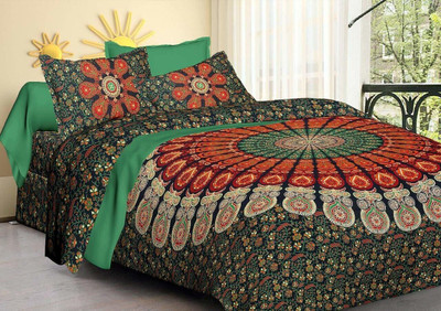 RAJDEVI JAIPUR PRINTS 351 TC Cotton Double, King Printed Fitted & Flat Bedsheet(Pack of 1, Multicolor)