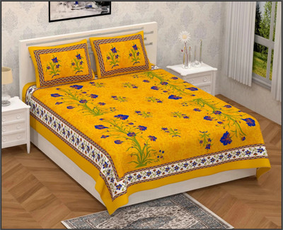 Leo Creation Cotton Double Flat 144 TC Jaipuri Prints Bedsheet(Pack of 1, Yellow, Blue, Green, Beige, White)