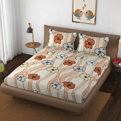 DryLeaves 200 TC Cotton Blend Double 3D Printed Fitted (Elastic) Bedsheet(Pack of 1, yellow & orange)