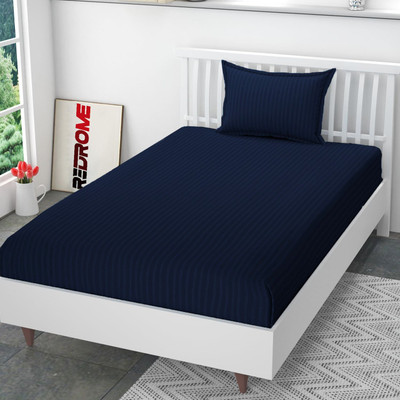 REDROME Cotton Single Flat 300 TC Striped Bedsheet(Pack of 1, Navy Blue)
