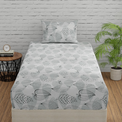 Huesland Cotton Single Flat 144 TC Floral Bedsheet(Pack of 1, Grey, Black, White)