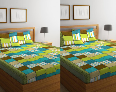 Fashion String 144 TC Microfiber Double Printed Flat Bedsheet(Pack of 2, Design 5:Green)