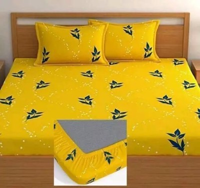 NyraFabrics 220 TC Cotton Queen Floral Fitted (Elastic) Bedsheet(Pack of 1, Yellow)