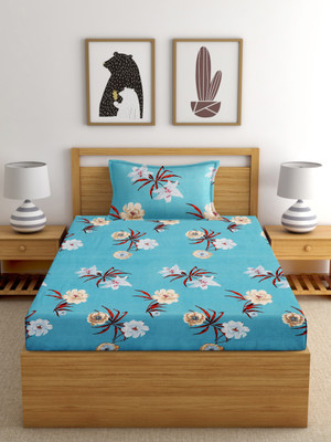 EXFAB 200 TC Cotton Single Printed Fitted (Elastic) Bedsheet(Pack of 1, Blue, White)