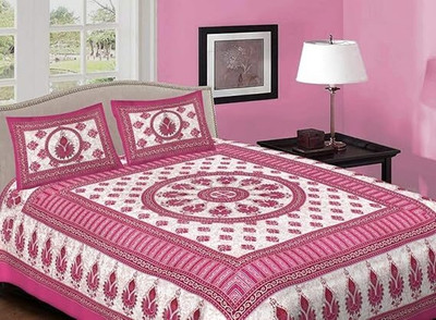 Tanish Fabrice Cotton Double Flat 300 TC Jaipuri Prints Bedsheet(Pack of 1, Pink)