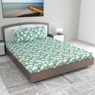 Divine Casa Cotton King Flat 144 TC Floral Bedsheet(Pack of 1, Teal)