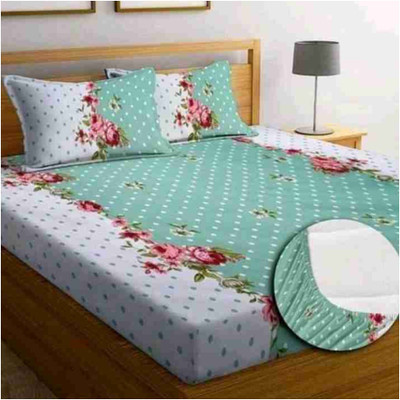 THANESH Cotton Double Fitted (Elastic) 220 TC Floral Bedsheet(Pack of 1, Green Doot, C6)