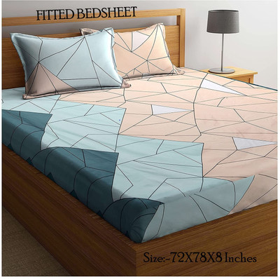 Amrange 210 TC Microfiber Queen Geometric Fitted (Elastic) Bedsheet(Pack of 1, Green-Beige)