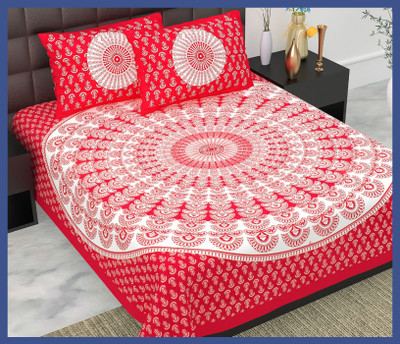 BedZone Cotton Double Flat 240 TC Jaipuri Prints Bedsheet(Pack of 1, Red)