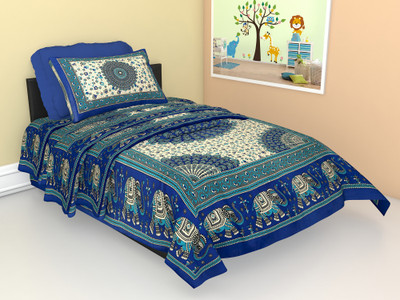 Monik Handicrafts 104 TC Cotton Single Jaipuri Prints Flat Bedsheet(Pack of 1, Blue)