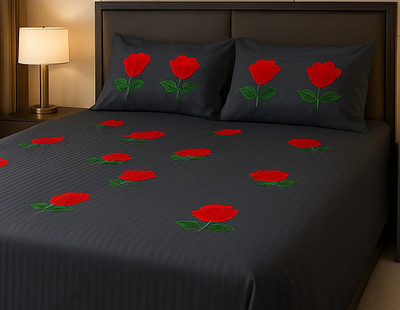 DEEPMAALA TEXTILES 180 TC Polycotton Double Embroidered Flat Bedsheet(Pack of 1, POLY:EMBROD:GREY)