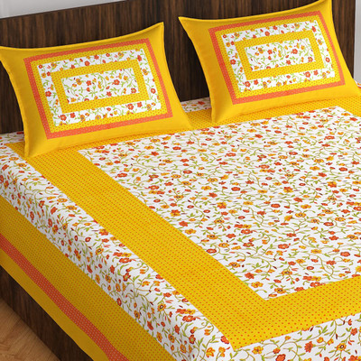 Rajasthani Traditional Cotton Double Flat 300 TC Striped Bedsheet(Pack of 1, White, Yellow)