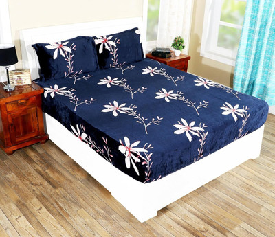jinwal Velvet, Woolen King Fitted (Elastic) 240 TC Floral Bedsheet(Pack of 1, Blue - Flannel Super Soft Bedsheet)