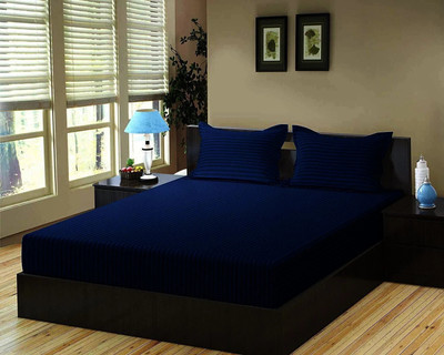 HOMYBEES Cotton Double Flat 210 TC Striped Bedsheet(Pack of 1, Navy Blue)