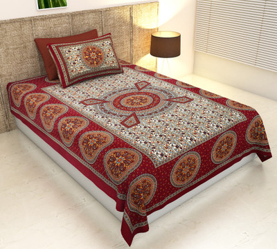 Ubania Collection 140 TC Cotton Single Jaipuri Prints Flat Bedsheet(Pack of 1, Maroon)