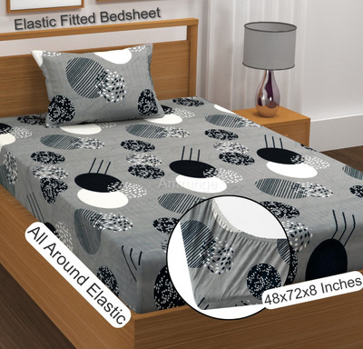 Amrange 190 TC Microfiber Single 3D Printed Fitted (Elastic) Bedsheet(Pack of 1, Grey)