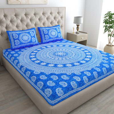 Manjeet Textiles 144 TC Cotton Double Jaipuri Prints Flat Bedsheet(Pack of 1, Blue)