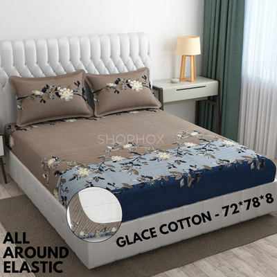 SHOPHOX Cotton Double, King Fitted (Elastic) 210 TC Printed Bedsheet(Pack of 1, Blue, Grey)