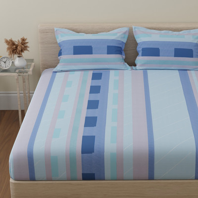 Huesland Cotton King Flat 144 TC Striped Bedsheet(Pack of 1, Seafoam Green & White & Ocean Blue)