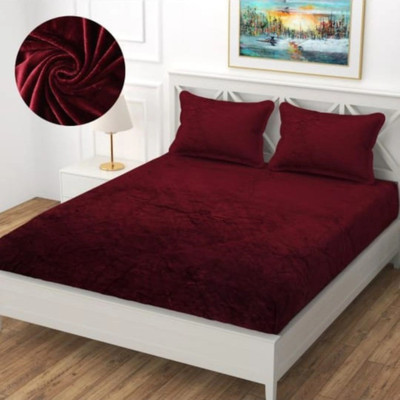 LA COZEE Cotton Double Fitted (Elastic) 350 TC Solid Bedsheet(Pack of 1, Maroon)