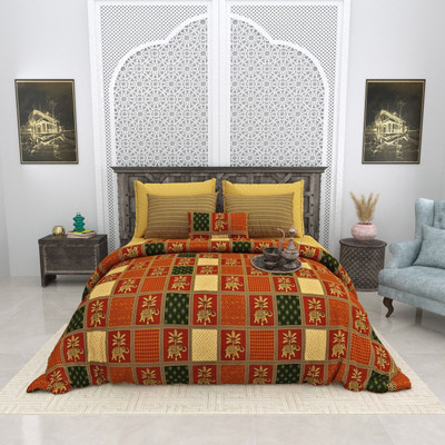 RJ Cotton King Flat 210 TC Printed Bedsheet(Pack of 1, OrngeMix)