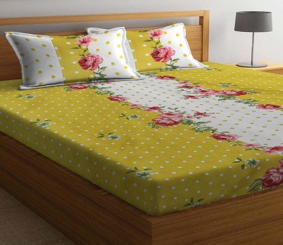 YaAkholic 300 TC Cotton Double Printed Fitted (Elastic) Bedsheet(Pack of 1, White, Yellow)