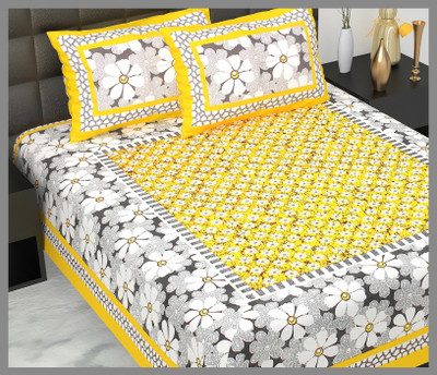 JAIPUR PRINTS Cotton Double Flat 144 TC Jaipuri Prints Bedsheet(Pack of 1, Yellow)