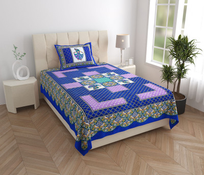 Kksh Cotton Single Flat 144 TC Printed Bedsheet(Pack of 1, Blue)