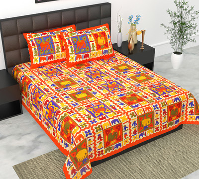 Home@shop Cotton Double Flat 144 TC Jaipuri Prints Bedsheet(Pack of 1, Orange)