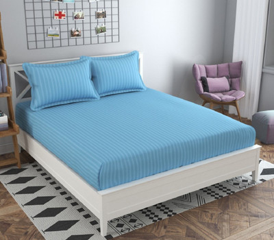 n g products 300 TC Satin Double Striped Fitted (Elastic) Bedsheet(Pack of 1, Sky Blue)